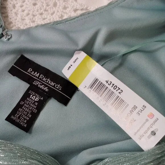 New R&M Richards Maxi Dress Fit Flare Aqua Blue Glitter Empire Waist 14 P Women - Picture 4 of 8